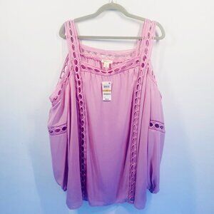 Style & Co Women's Cold Shoulder Crochet Lace Trim Top 3X Light Lavender Polyest